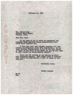 [Letter from Truett Latimer to Mrs. Marion Dean, February 21, 1961]