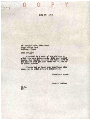 [Letter from Truett Latimer to Briggs Todd, July 27, 1961]