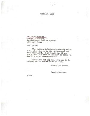 [Letter from Truett Latimer to Dave Dillard, March 2, 1959]