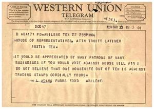 Primary view of object titled '[Telegram from H. L. Adams, May 22, 1959]'.