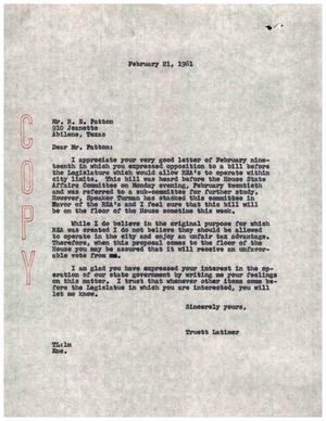 [Letter from Truett Latimer to R. E. Patton, February 21, 1961]