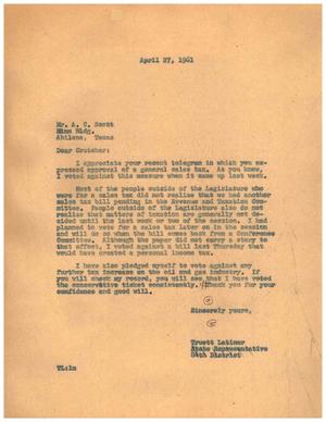 [Letter Truett Latimer to A. C. Scott, April 27, 1961]