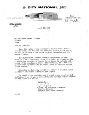 [Letter from Chas. C. Thompson to Truett Latimer, April 20, 1962]