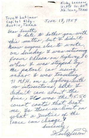 [Letter from Kirby Leeson to Truett Latimer, June 18, 1959]