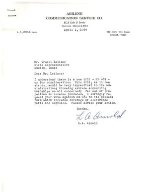 [Letter from L. A. Arnold to Truett Latimer, April 1, 1959]