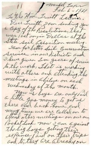 [Letter from Tom Russom to Truett Latimer, February 6, 1961]