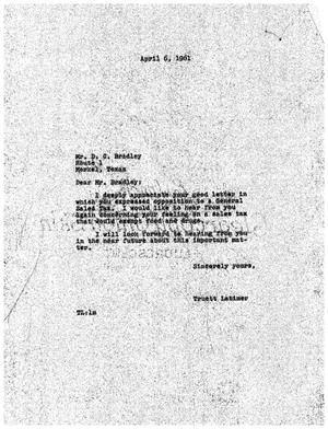 [Letter from Truett Latimer to D. C. Bradley, April 6, 1961]