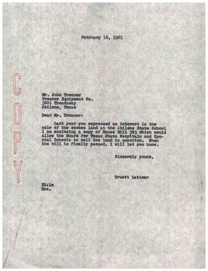[Letter from Truett Latimer to John Treanor, February 14, 1961]