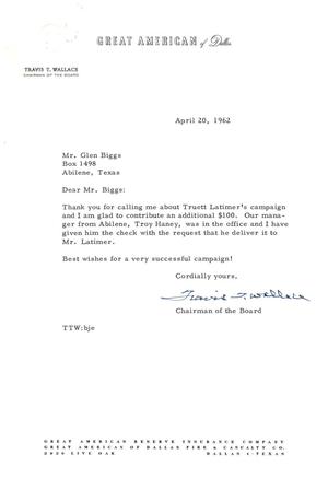 [Letter from Travis T. Wallace to Glenn Biggs, April 20, 1962]