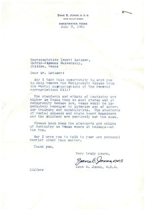 [Letter from Zane E. Jones to Truett Latimer, July 7, 1961]