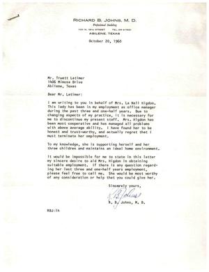 [Letter from Richard B. Johns to Truett Latimer, October 20, 1960]
