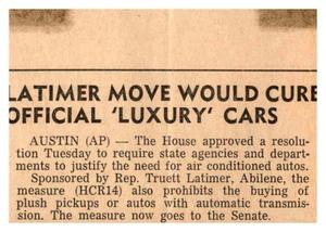Primary view of object titled '[Clipping: Latimer Move Would Cure Official 'Luxury' Cars]'.