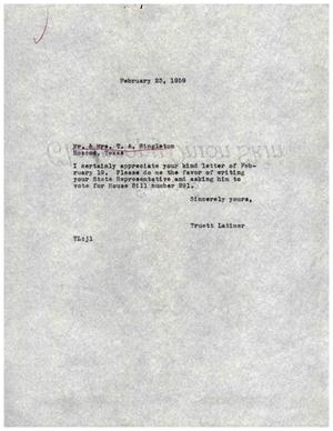 [Letter from Truett Latimer to Mr. and Mrs. T. A. Singleton, February 23, 1959]