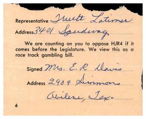 [Postcard from Mrs. E. R. Davis to Truett Latimer, 1961]