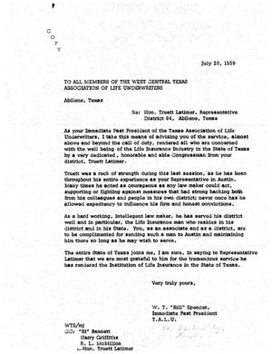 [Letter from W. T. Spencer to Members of the West Central Texas Association of Life Underwriters, July 20, 1959]