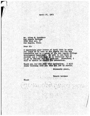 [Letter from Truett Latimer to Allen M. Boedeker, April 27, 1961]