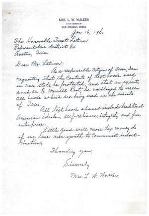 [Letter from Mrs. L. W. Walker to Truett Latimer, January 16, 1961]