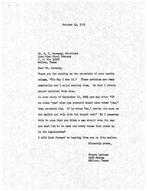 [Letter from Truett Latimer to E. G. Germany, October 12, 1961]