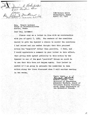 [Letter from Howard Lydick to Truett Latimer, April 17, 1961]
