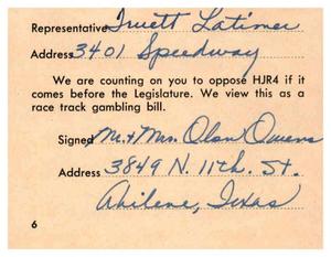 [Postcard from Mr. and Mrs. Olon Owens to Truett Latimer, 1961]
