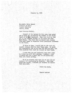[Letter from Truett Latimer to Price Daniel, January 12, 1958]