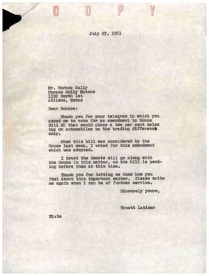 [Letter from Truett Latimer to Horace Holly, July 27, 1961]
