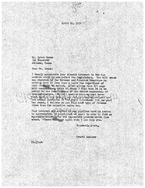[Letter from Truett Latimer to Lynon Owens, April 20, 1959]