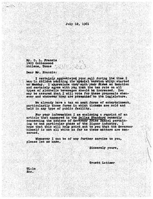 [Letter from Truett Latimer to O. L. Francis, July 12, 1961]
