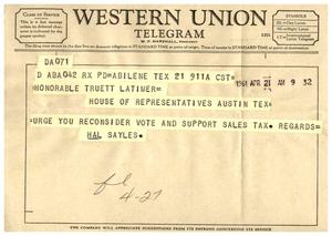 Primary view of object titled '[Telegram from Hal Sayles to Truett Latimer, April 13, 1961]'.
