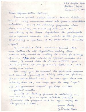 [Letter from J. David Cox to Truett Latimer, December 2, 1959]