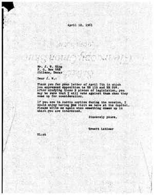 [Letter from Truett Latimer to J. W. King, April 18, 1961]