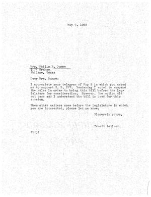 [Letter from Truett Latimer to Mrs. Philip R. Dunne, May 7, 1959]