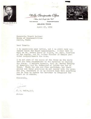 [Letter from J. A. Wolfe to Truett Latimer, April 27, 1959]