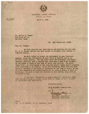 [Letter from George Fox to Marion R. Thomas, April 3, 1959]