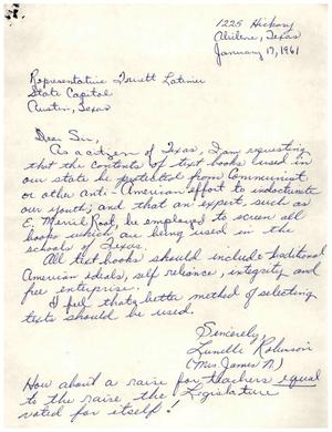 [Letter from Mrs. James N. Robinson to Truett Latimer, January 17, 1961]