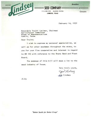 [Letter from Jim Lindsey to Truett Latimer, February 14, 1959]