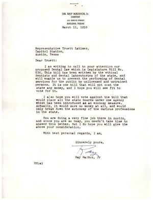 [Letter from Ray Maddox, Jr. to Truett Latimer, March 11, 1959]