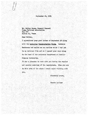 [Letter from Truett Latimer to Walter Caven, September 25, 1961]