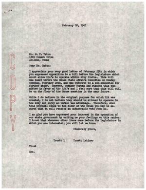 [Letter from Truett Latimer to W. P. Tatum, February 28, 1961]