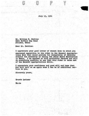 [Letter from Truett Latimer to William F. Perkins, July 13, 1961]