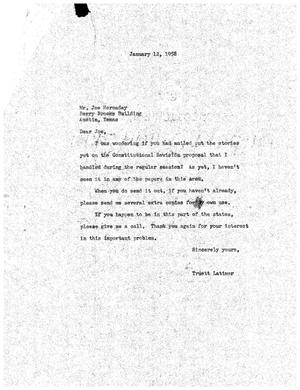 [Letter from Truett Latimer to Joe Hornaday, January 12, 1958]