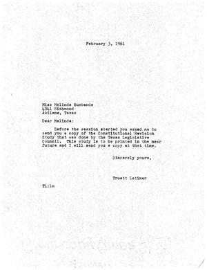 [Letter from Truett Latimer to Melinda Husbands, February 3, 1961]
