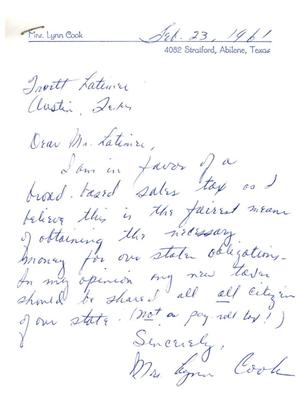 [Letter from Mrs. Lynn Cook to Truett Latimer, February 23, 1961]