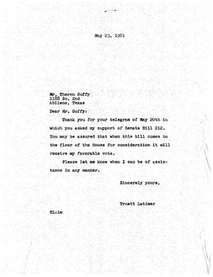 [Letter from Truett Latimer to Theron Guffy, May 23, 1961]