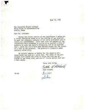 [Letter from Seth Lobdell to Truett Latimer, June 16, 1961]