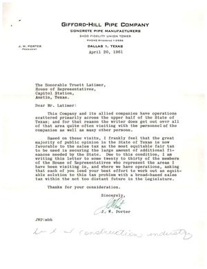 [Letter from J. W. Porter to Truett Latimer, April 20, 1961]