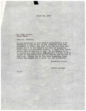 [Letter from Truett Latimer to Ruey McCarty, March 25, 1959]