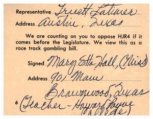 [Postcard from Mary Etta Hall to Truett Latimer, 1961]