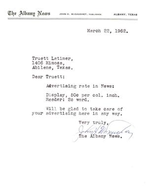 [Letter from The Albany News to Truett Latimer, March 22, 1962]