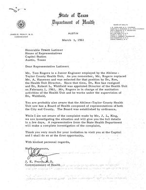 [Letter from J. E. Peavy to Truett Latimer, March 3, 1961]